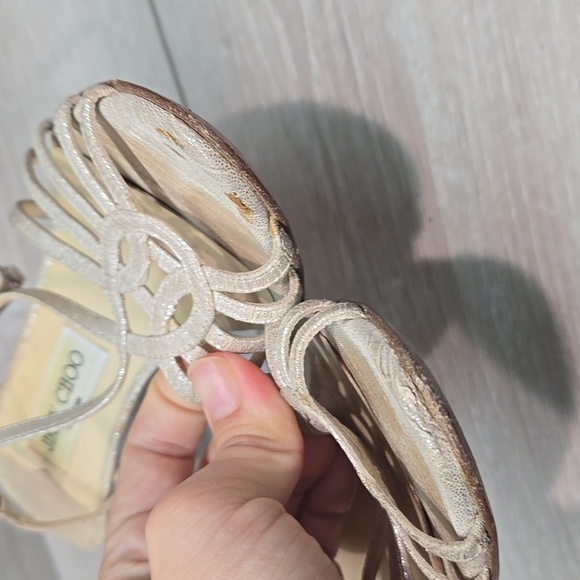 Jimmy Choo WomenElegant Strappy Heels in Shimmering Gold Sandals Shoes 37.5/7.5 - Picture 4 of 14